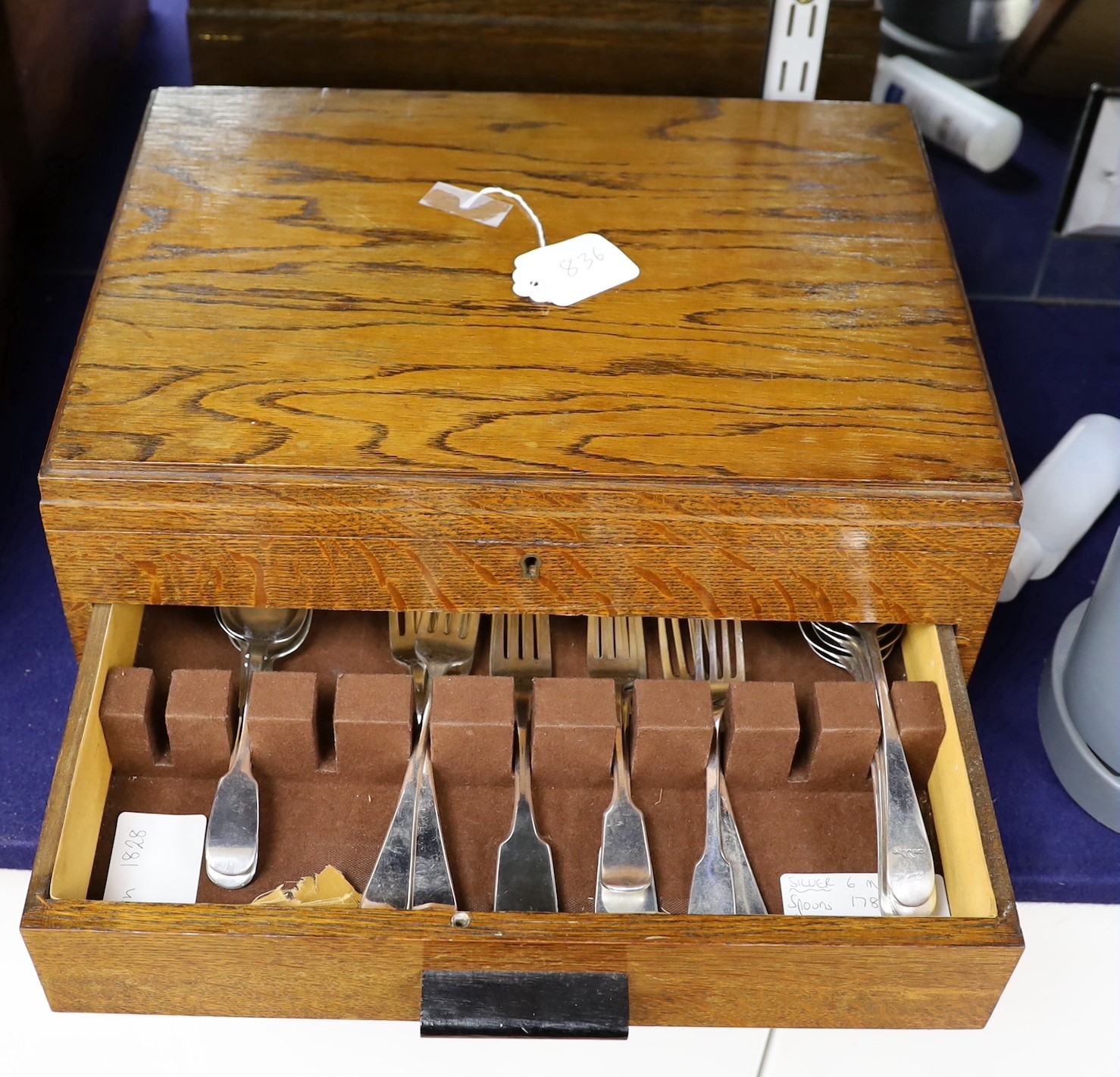 A part canteen of mainly 19th century silver cutlery, comprising thirty nine items, various patterns, dates and makers, including a set of six George III silver Old English pattern tablespoons, by George Smith III, Londo